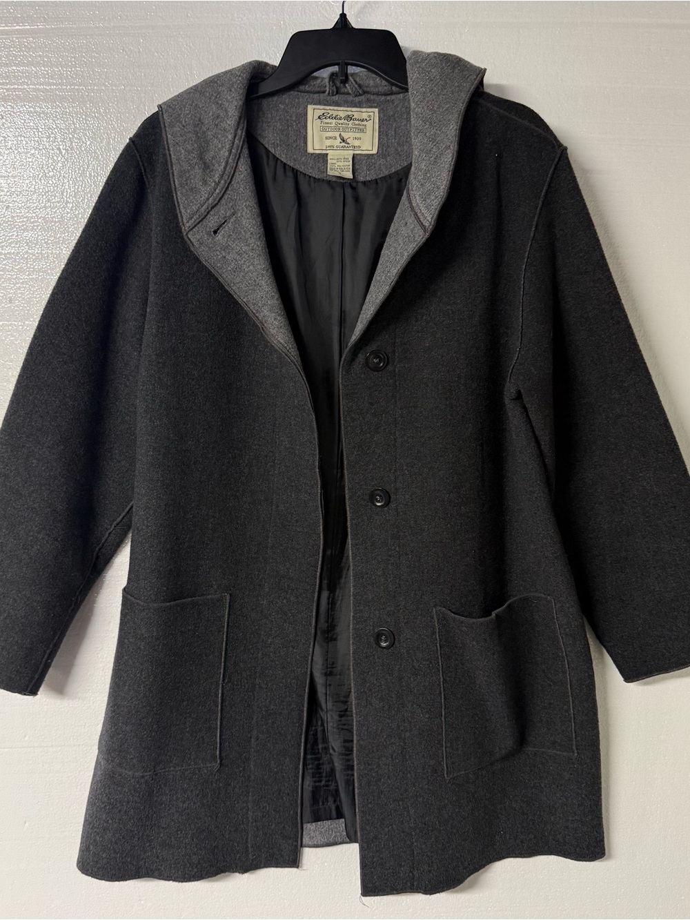 Vintage Eddie Bauer Women Medium Gray Wool Blend Hooded Coat Jacket Button Front